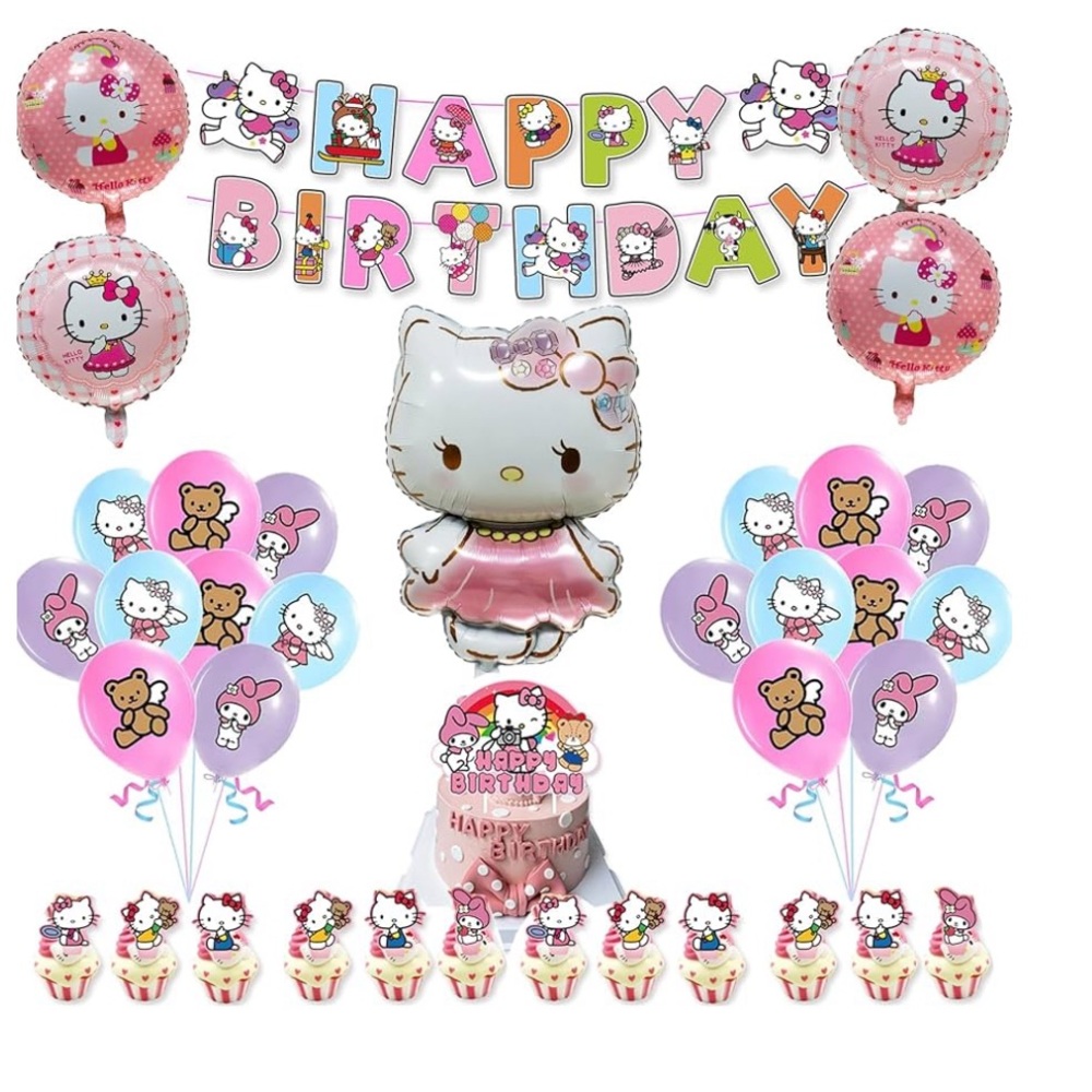 Hello Kitty Happy Birthday Party Decoration Set Banner Balloons Cake toppers New